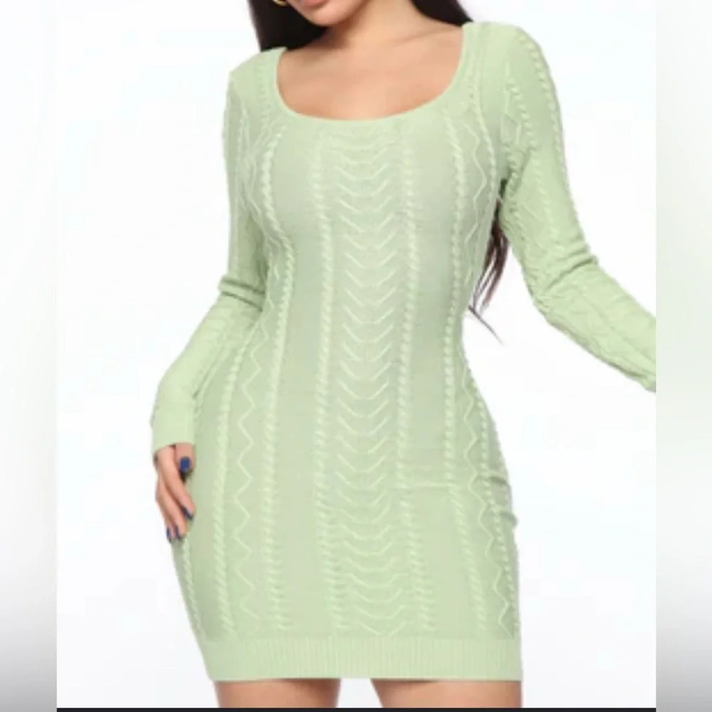 Fashion Nova Green Cable Knit Mini Dress L Sage Bodycon Long Sleeve Sweater NWT